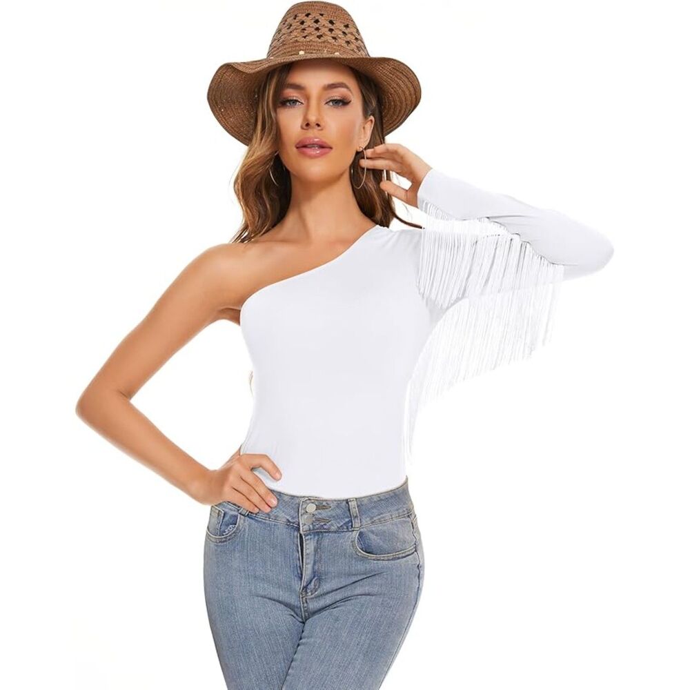 Fringe Trim One Shoulder Long Sleeve Body Suit Top, XL, 8E-193T003